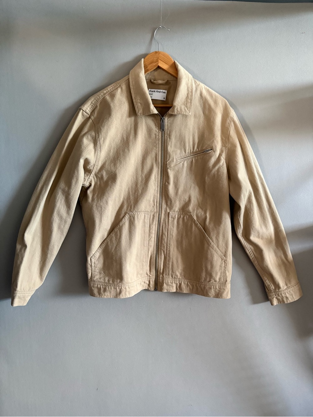 Frank And Oak Men Jacket Zip Cotton Pocket Size Medium Tan/Cream